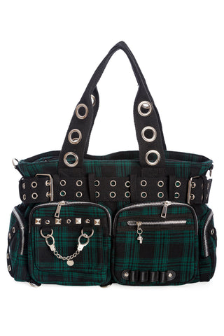 Bag - Hand and shoulder - Tartan Canvas with rings Black/ Green