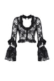 Sort goth skjorte/bluse
Dekorativt blondestof
Corset-inspirerede detaljer
Snøringsdetaljer
Lange, dramatiske flare-/klokkeærmer
Lagdelte ærmeafslutninger
Feminint dark romantic udtryk
Perfekt til goth, punk, rock og alternativ stil