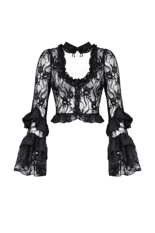 Sort goth skjorte/bluse
Dekorativt blondestof
Corset-inspirerede detaljer
Snøringsdetaljer
Lange, dramatiske flare-/klokkeærmer
Lagdelte ærmeafslutninger
Feminint dark romantic udtryk
Perfekt til goth, punk, rock og alternativ stil