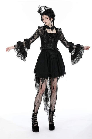 Sort goth skjorte/bluse
Dekorativt blondestof
Corset-inspirerede detaljer
Snøringsdetaljer
Lange, dramatiske flare-/klokkeærmer
Lagdelte ærmeafslutninger
Feminint dark romantic udtryk
Perfekt til goth, punk, rock og alternativ stil